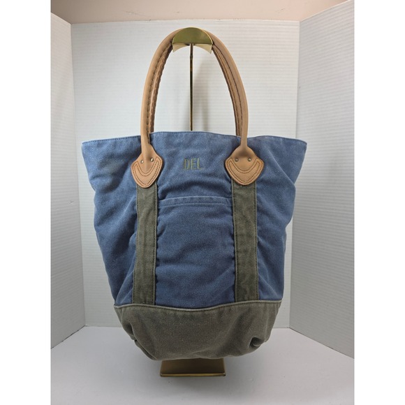 L.L. Bean Handbags - LL Bean Canvas Tote Bag Blue Olive Green Leather Handles Plaid Lining Monogram
